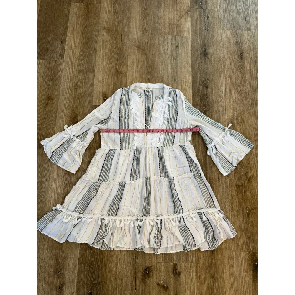 Paani Mini Dress Womens Small White Blue Gold Metallic‎ Boho Tassel Tiered